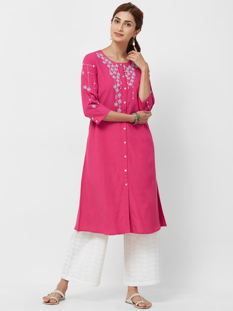 

Naari Women Pink Embroidered Straight Kurta
