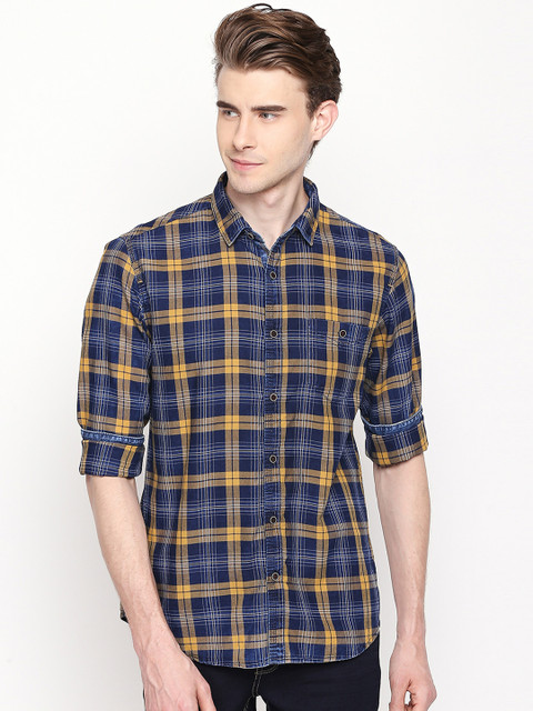 

SF JEANS by Pantaloons Men Navy Blue & Yellow Slim Fit Checked Casual Shirt
