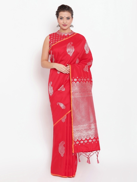 

Kvsfab Red & Silver-Coloured Silk Blend Woven Design Saree