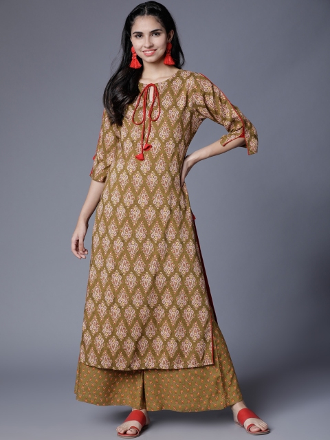 

Vishudh Women Olive Green & Red Printed Kurta with Palazzos