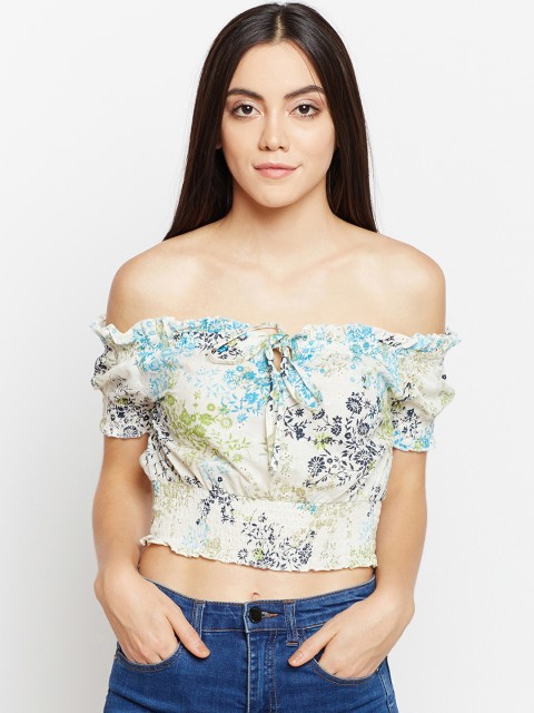 

Oxolloxo Women Multicoloured Printed Bardot Pure Cotton Top, Multi