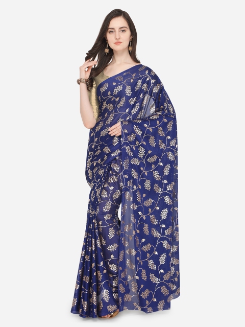 

Ishin Navy Blue Printed Poly Georgette Saree