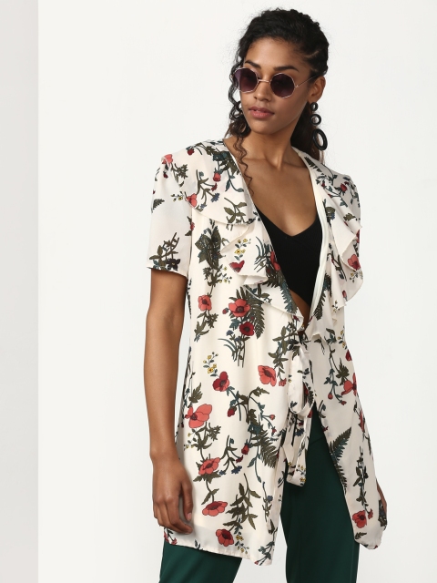 

Miss Bennett Cream-Coloured & Green Printed Tie-Up Shrug