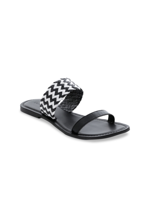 

London Rag Women Black Woven Design Leather Open Toe Flats
