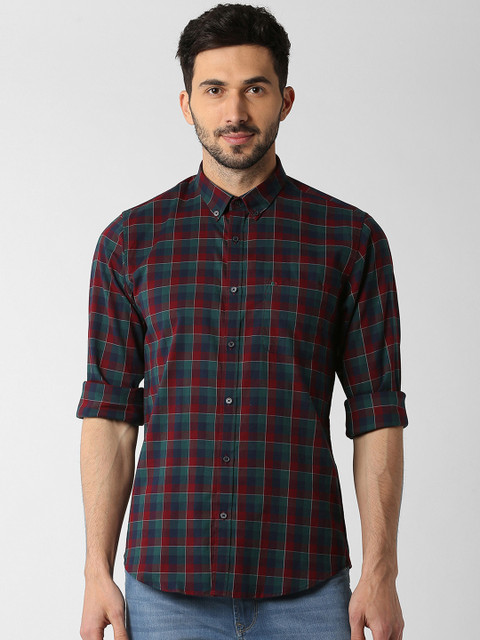 

Peter England Casuals Men Green & Maroon Slim Fit Checked Casual Shirt