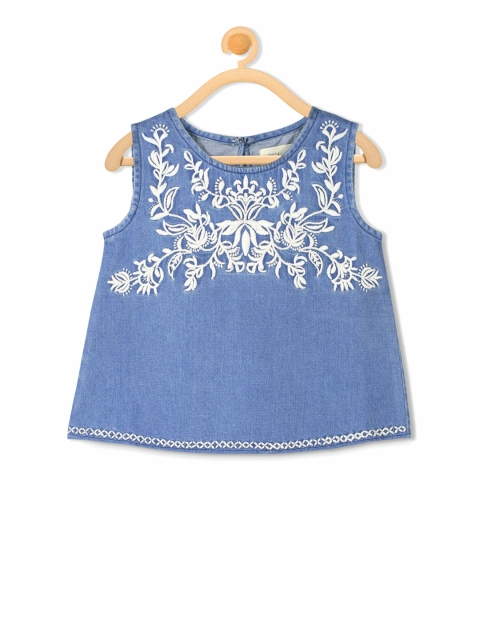 

Cherry Crumble Girls Blue Embroidered A-Line Top