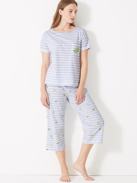 

Marks & Spencer Women Blue & White Striped Night suit