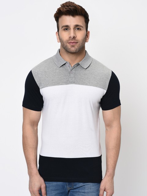 

WILD WEST Men White & Grey Colourblocked Polo Collar T-shirt