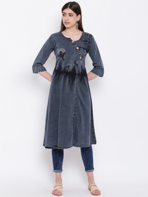 

Kvsfab Women Blue Embroidered A-Line Kurta