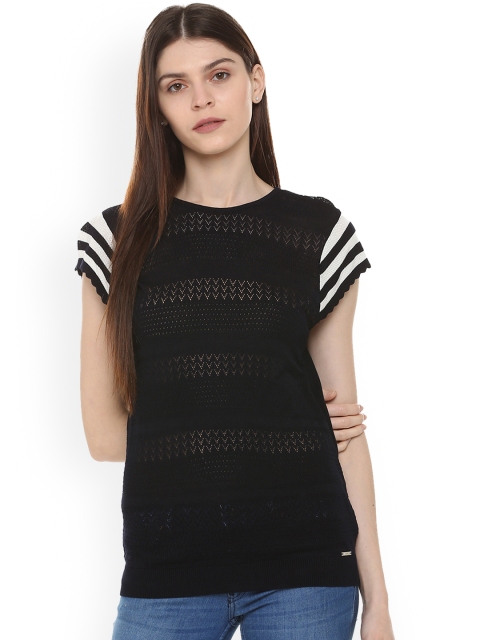 

Van Heusen Women Black Self Design Pure Cotton Top