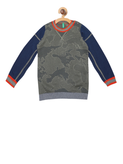 

United Colors of Benetton Boys Olive Green & Navy Blue Printed Sweater