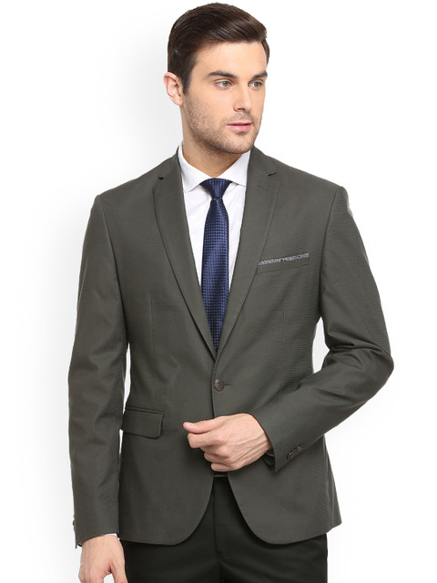 

V Dot Men Olive Green Self-Design Slim-Fit Single-Breasted Blazer