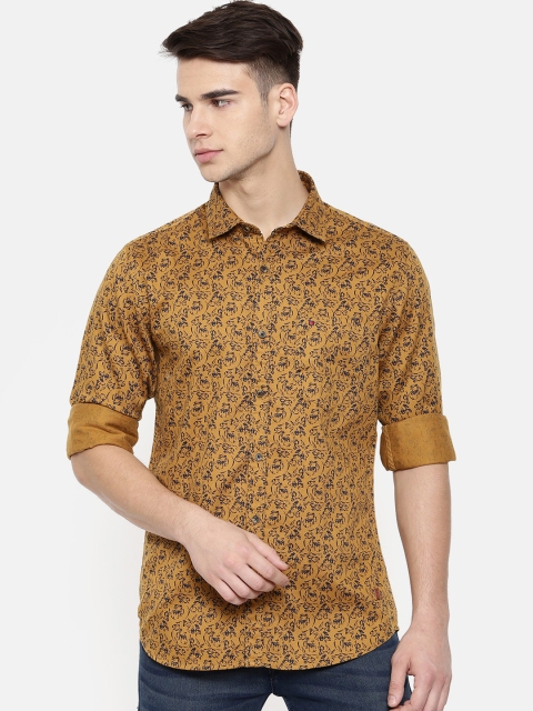 

COOL COLORS Men Yellow & Navy Blue Slim Fit Printed Casual Shirt
