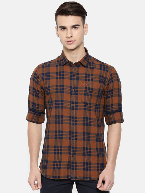 

COOL COLORS Men Brown & Navy Blue Slim Fit Checked Casual Shirt
