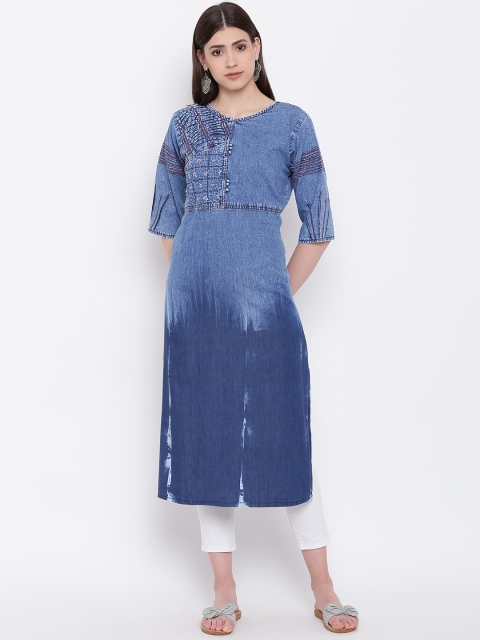 

Kvsfab Women Blue Dyed Denim Straight Kurta