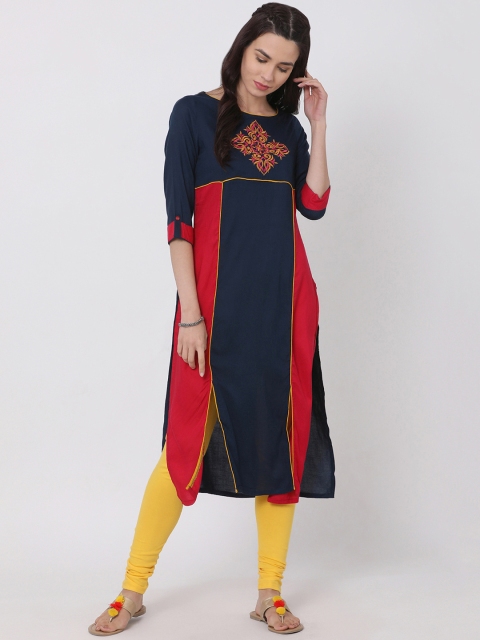 

Alena Women Navy Blue & Red Colourblocked Straight Kurta