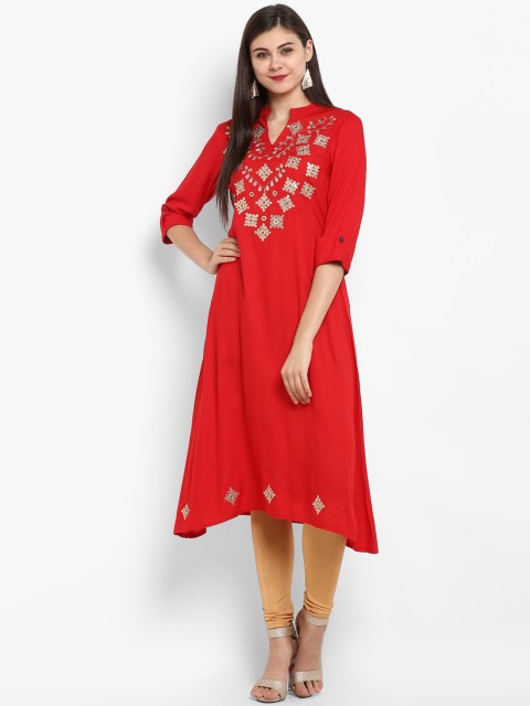 

Fashion String Women Red Yoke Design Asymmetrical Hem A-Line Kurta