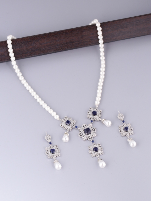 

Studio Voylla Women Silver-Plated & Blue Pearl & Stone-Studded Handcrafted Jewellery Set