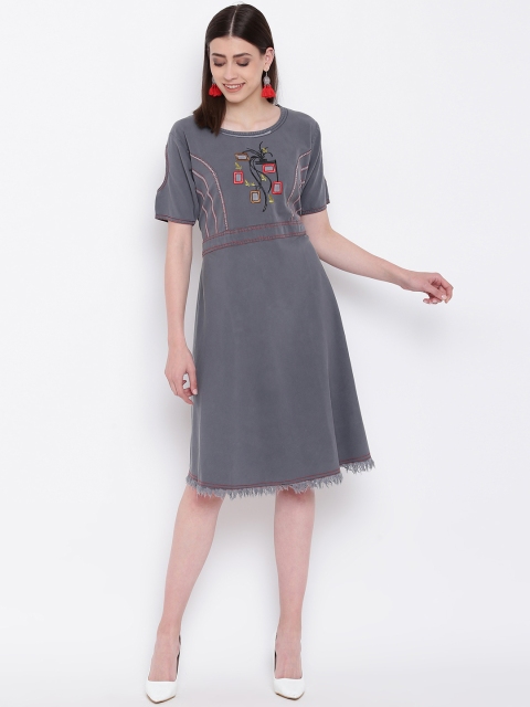 

Kvsfab Women Grey Dyed Denim A-Line Dress