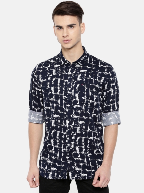 

COOL COLORS Men Navy Blue & White Slim Fit Printed Casual Shirt