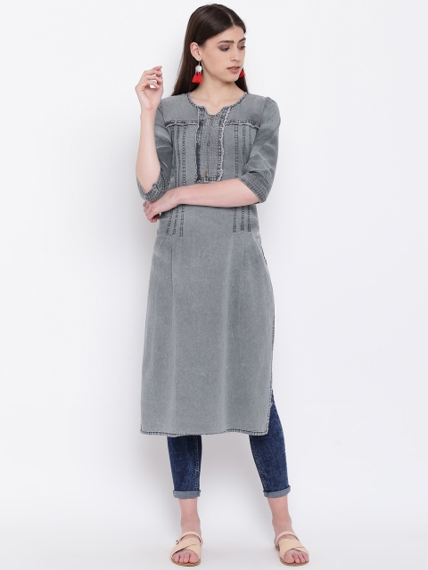 

Kvsfab Women Grey Dyed Straight Denim Kurta