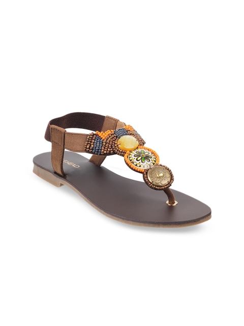 

SOLE HEAD Women Brown Embellished T-Strap Flats