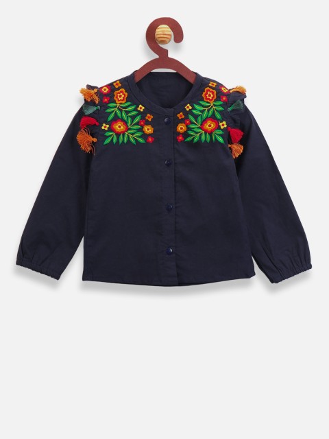 

LilPicks Girls Navy Blue Embroidered Shirt Style Top