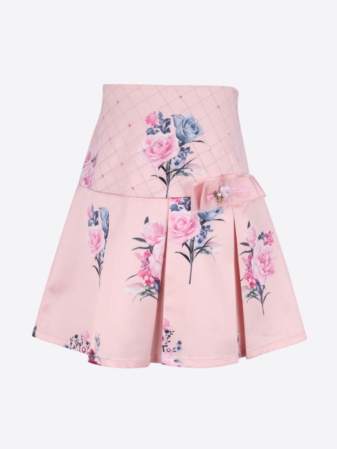 

CUTECUMBER Girls Pink & Peach-Coloured Floral Printed A-Line Skirt