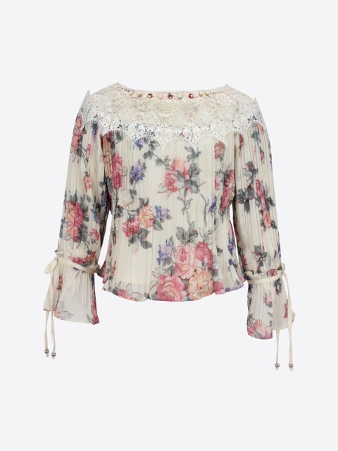 

CUTECUMBER Girls Cream-Coloured & Purple Printed Top
