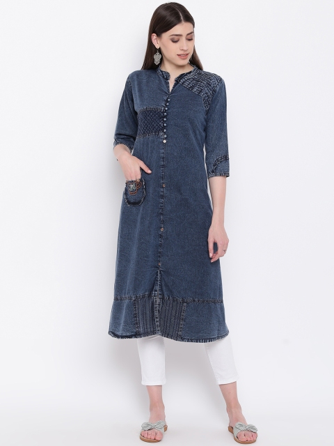 

Kvsfab Women Blue Solid Denim A-Line Kurta
