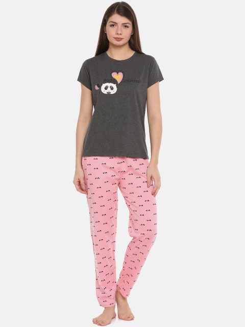 

Ellete Women Charcoal Grey & Pink Printed Night suit