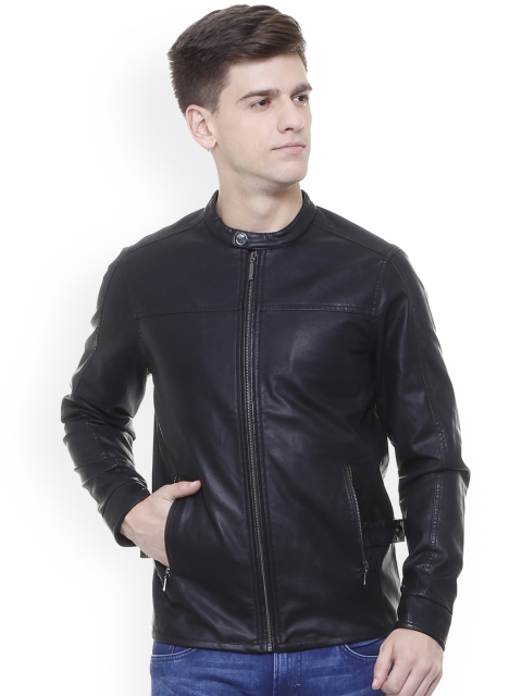

V Dot Men Black Solid Biker Jacket