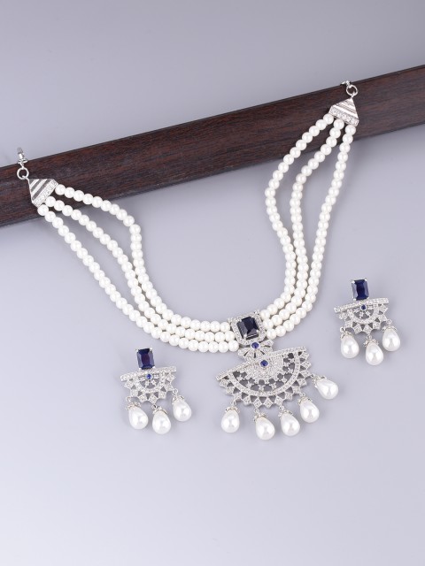 

Studio Voylla Women Silver-Plated & Blue Pearl & Stone-Studded Handcrafted Jewellery Set