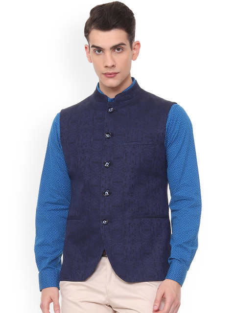

Allen Solly Men Blue Printed Nehru Jacket, Navy blue