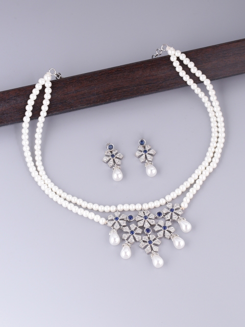 

Studio Voylla Women Silver-Plated & Blue Pearl-Studded Jewellery Set