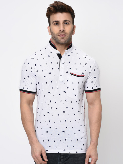 

WILD WEST Men White Printed Mandarin Collar T-shirt