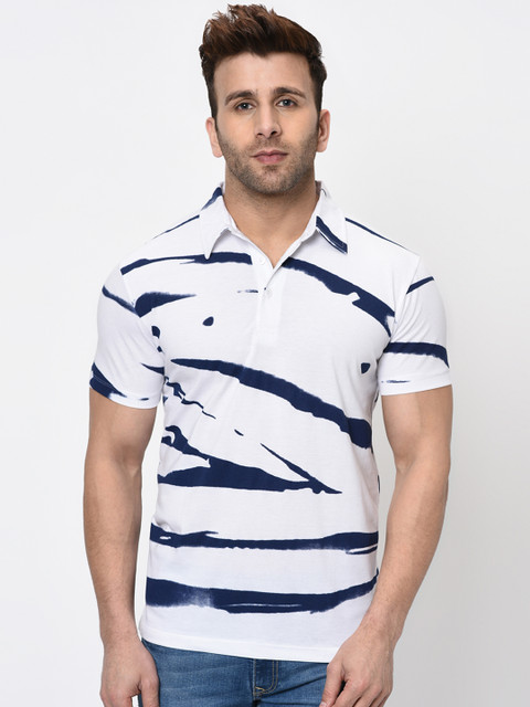 

WILD WEST Men White & Blue Printed Polo Collar T-shirt