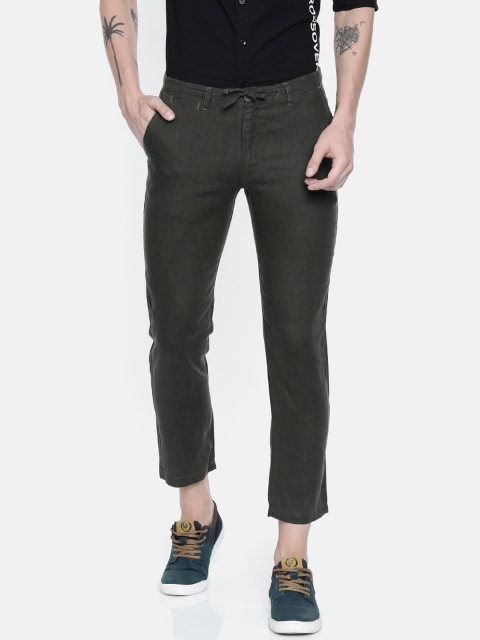 

Breakbounce Men Olive Green Relaxed Regular Fit Solid Linen Regular Trousers