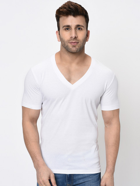 

WILD WEST Men White Solid V-Neck T-shirt