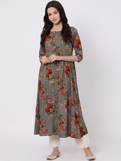 

Alena Women Grey Floral Print A-Line Kurta