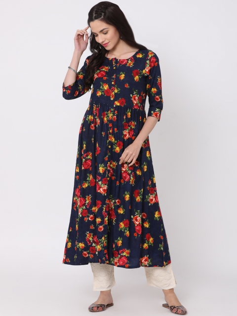 

Alena Women Navy Blue Floral Printed A-Line Kurta