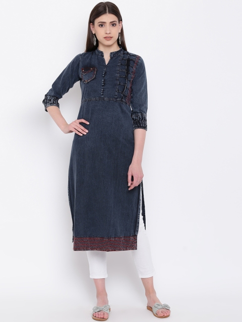 

Kvsfab Women Blue Dyed Straight Denim Kurta