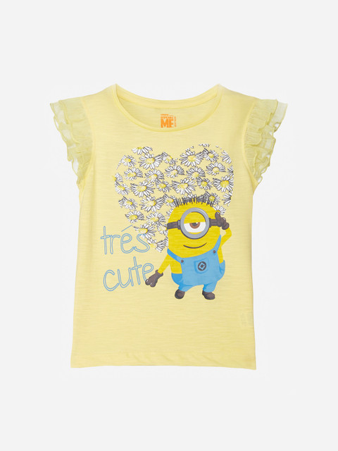 

Kids Ville Girls Yellow Minions Printed Ruffle Sleeves Top