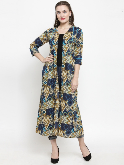 

Indibelle Blue & Beige Printed Open Front Shrug