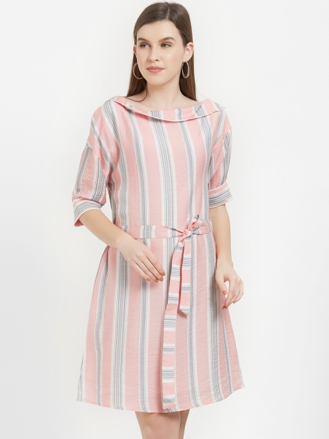 

Soie Women Pink & Grey Striped A-Line Dress