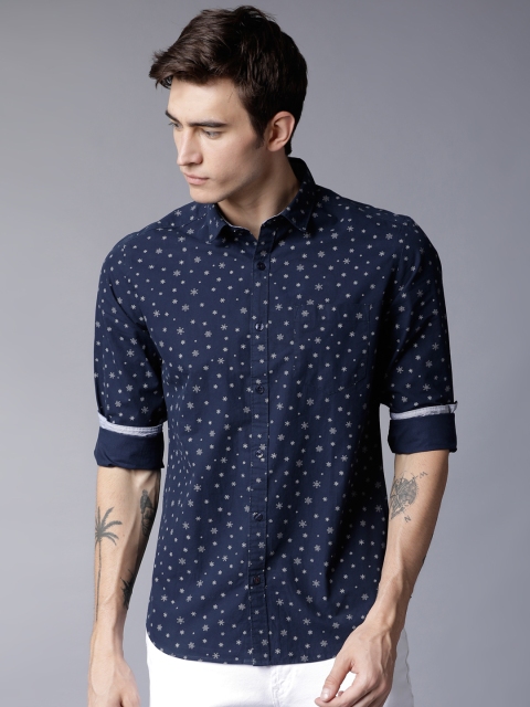 

Black coffee Men Navy Blue Slim Fit Printed Casual Shirt