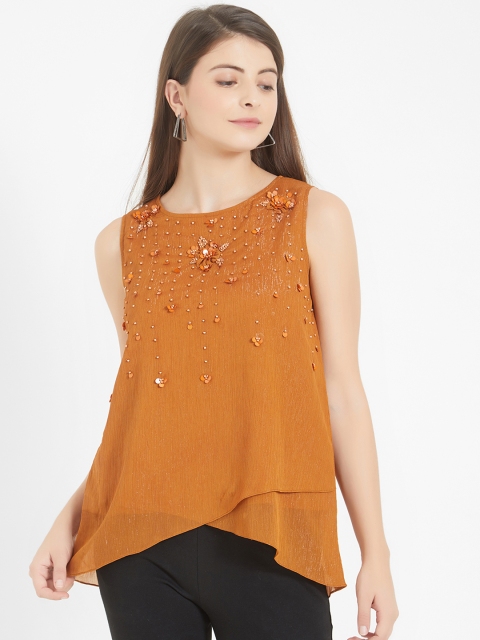 

Soie Women Rust Brown Embellished Tiered Top