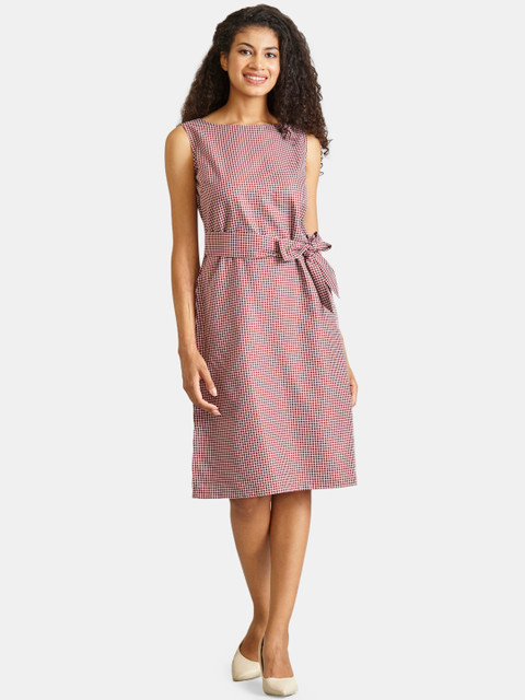 

FableStreet Women Maroon Checked A-Line Dress