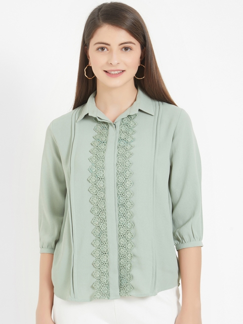 

Soie Women Green Self Design Shirt Style Top