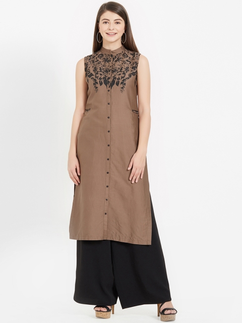 

Soie Women Brown & Black Floral Yoke Design Straight Kurta